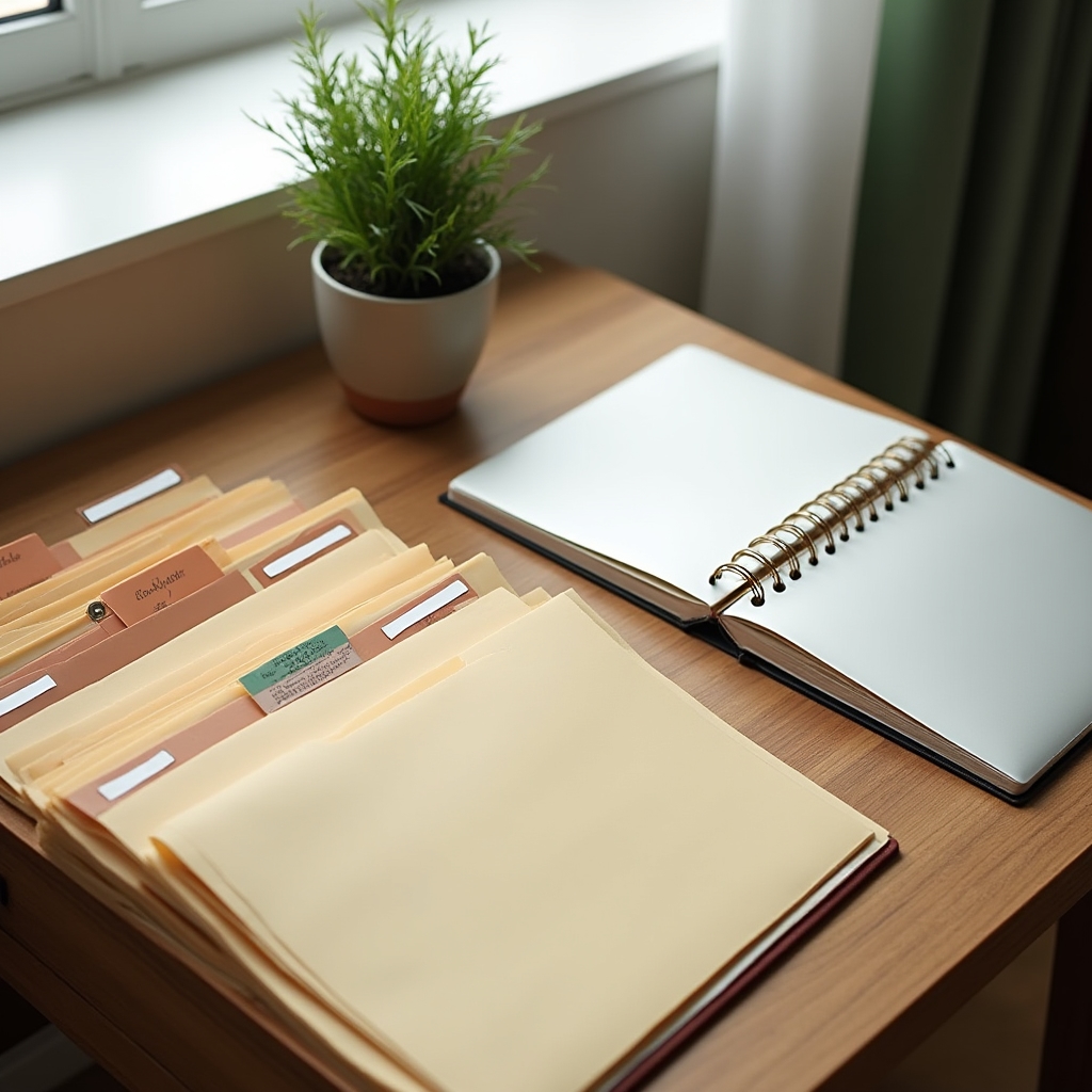 Desk with labeled folders, a binder and a laptop used for organizing rental property paperwork