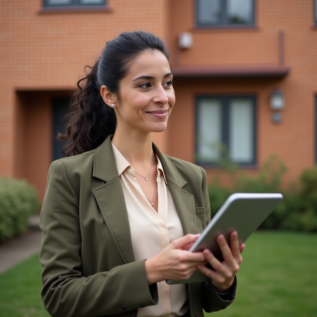 Small property owner reviewing a checklist on a tablet outside a two-unit rental building