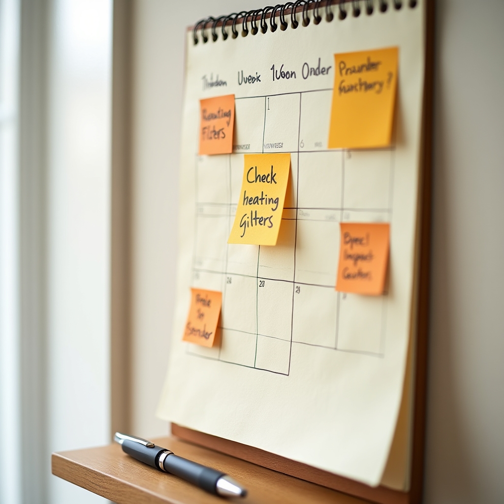 Wall calendar with maintenance tasks and colored sticky notes marking preventive checks