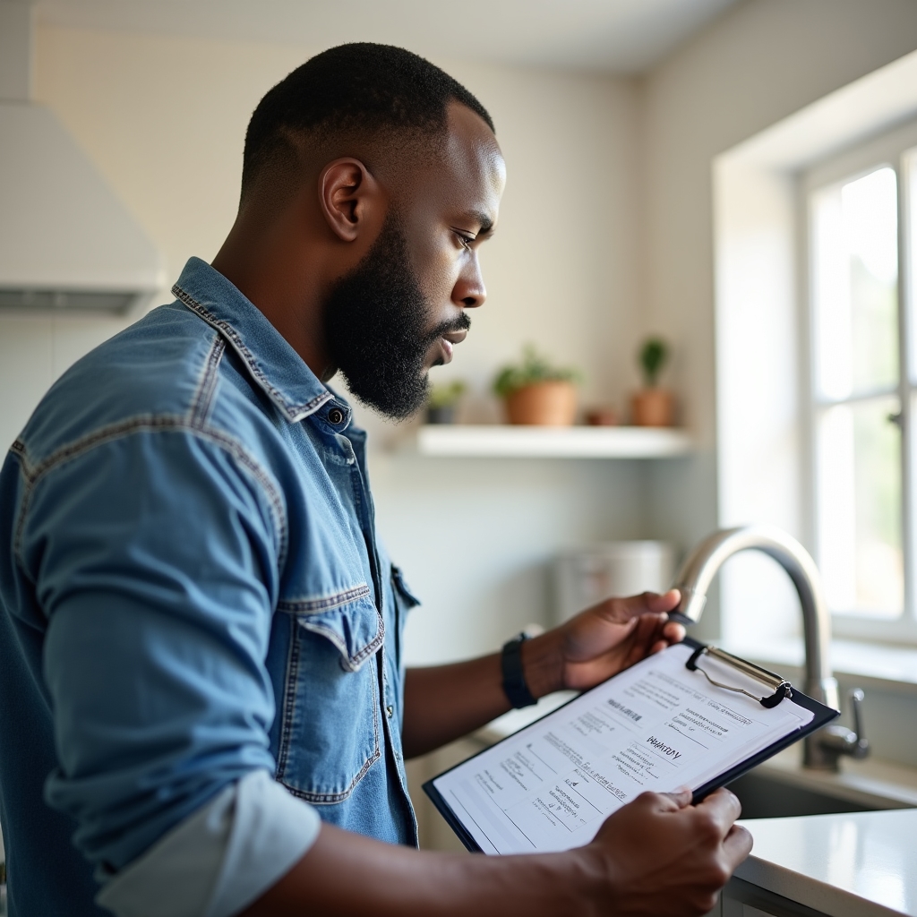 Person inspecting a kitchen faucet while holding a printed maintenance checklist
