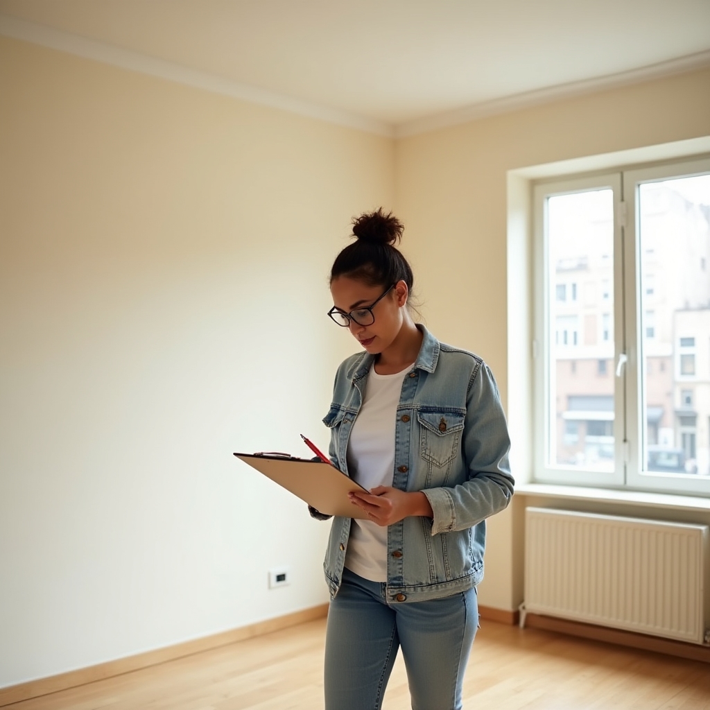 Person walking through an empty rental unit holding a clipboard during a move-out inspection