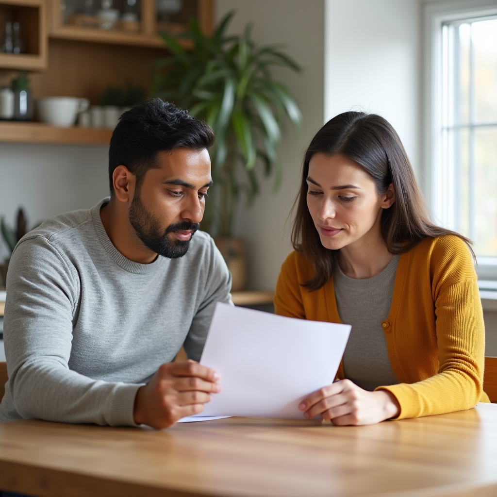 Landlord and tenant reviewing a printed notice together at a kitchen table